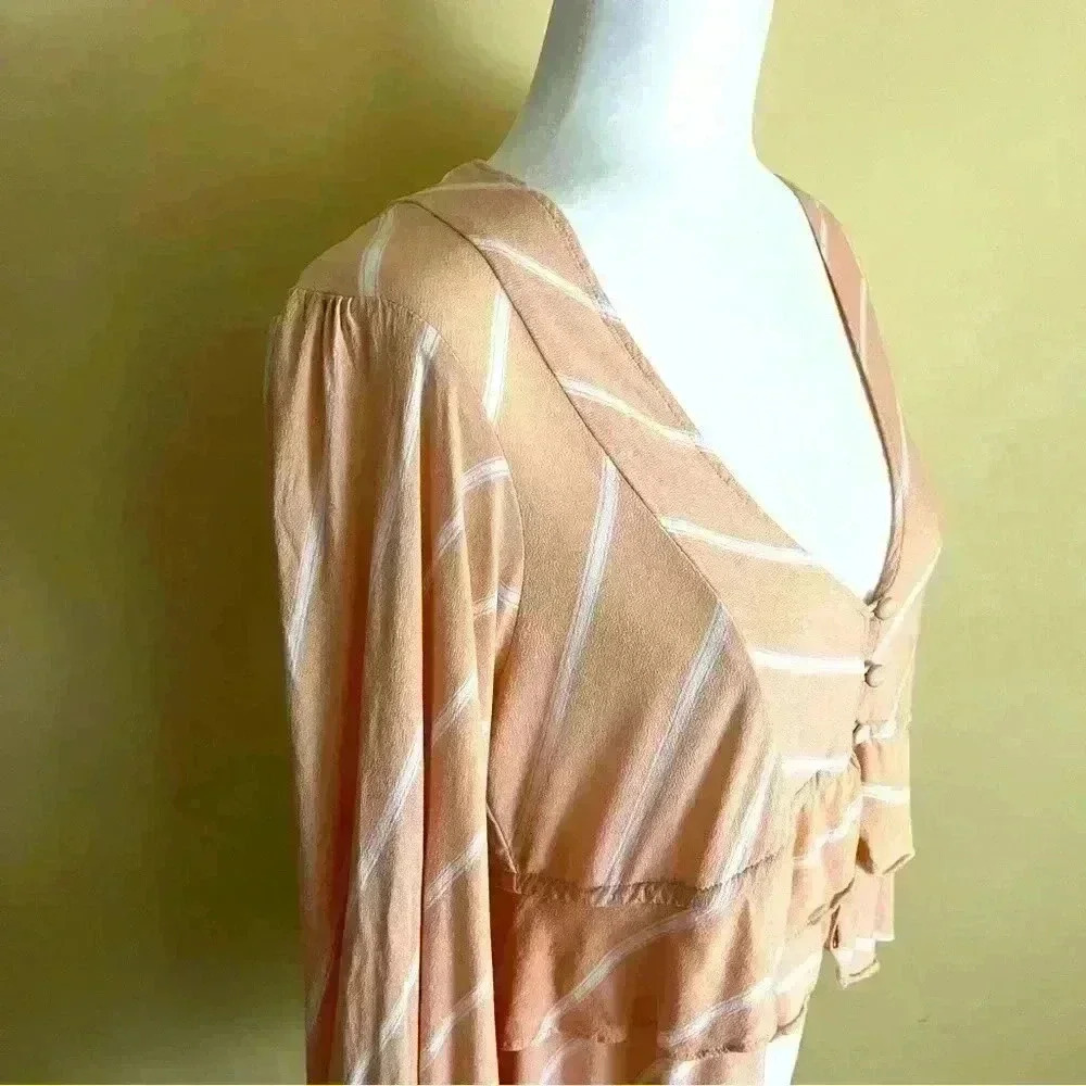 Free People Coral/White Stripe Scoop Neck Button Tiered Crop Peasant Top Size S - Picture 7 of 11